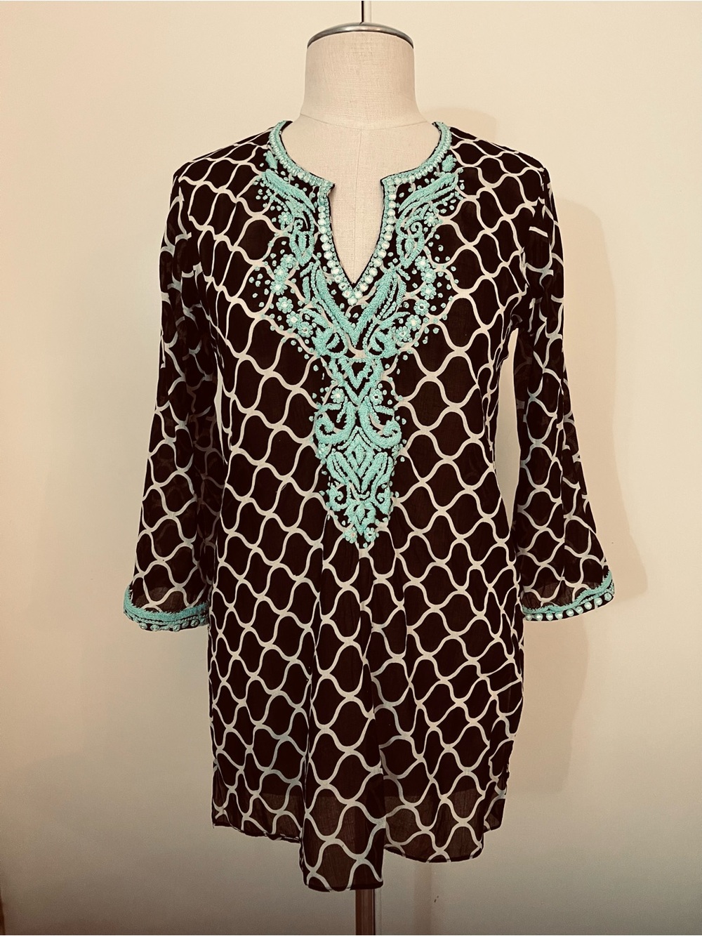 Black and White Tunic with Turquoise Embroidered Details